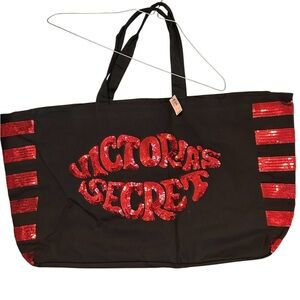 Victoria's Secret Black Tote with Red Sequin Logo and Stripe Accents